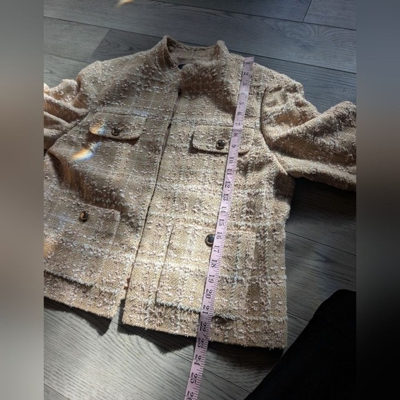 Ann Taylor Stand Collar Tweed Beige Classic Preppy Jacket Blazer Size 14 - Picture 10 of 10